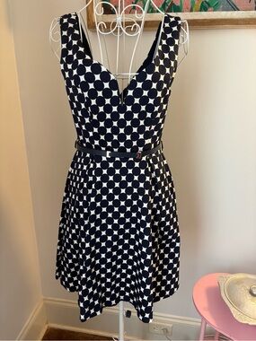 Alythea Navy and Cream Polka Dot V-Neck Midi Dress